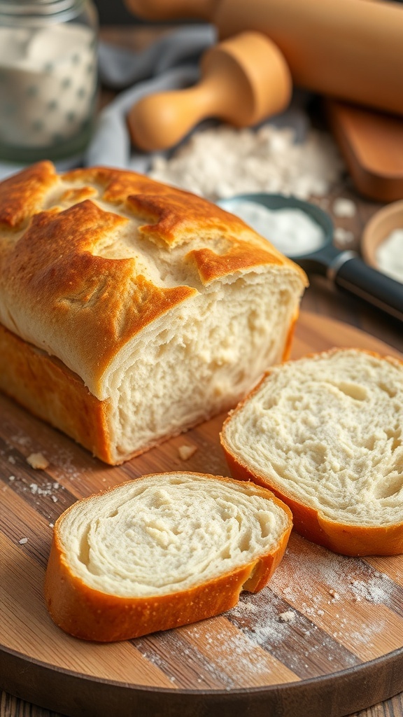 Homemade Yeast Bread Recipe A golden crusted homemade bread loaf sliced on a wooden board.